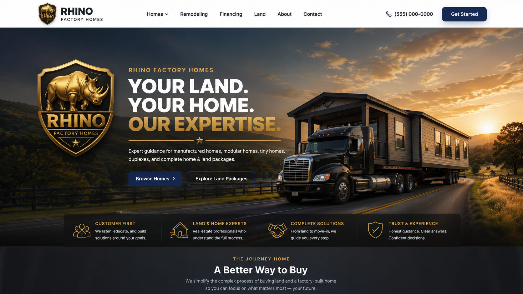 Rhino Factory Homes — Your Land. Your Home. Our Expertise. A premium manufactured home being transported at sunrise, alongside the Rhino Factory Homes shield.